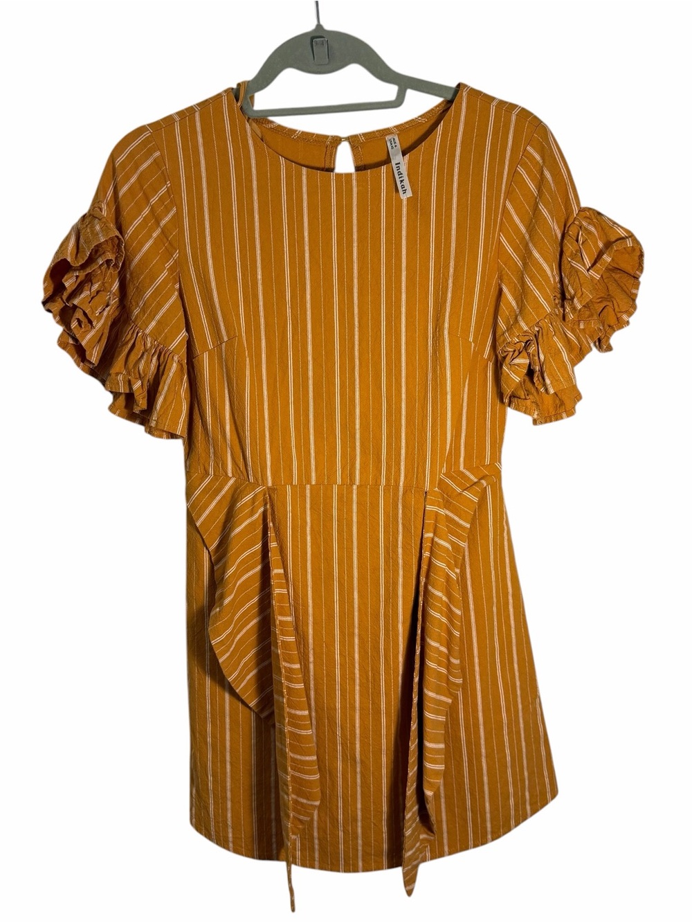 Mustard Stripe Ruffle Sleeve Dress